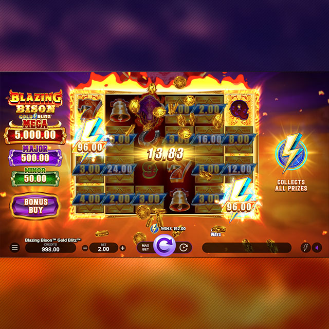 Blazing Bison™ Gold Blitz™ Wilds, Scatters and Multipliers.