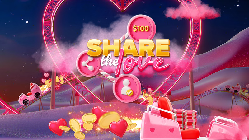 Pink valentines themed image with writing share the love casino promotion