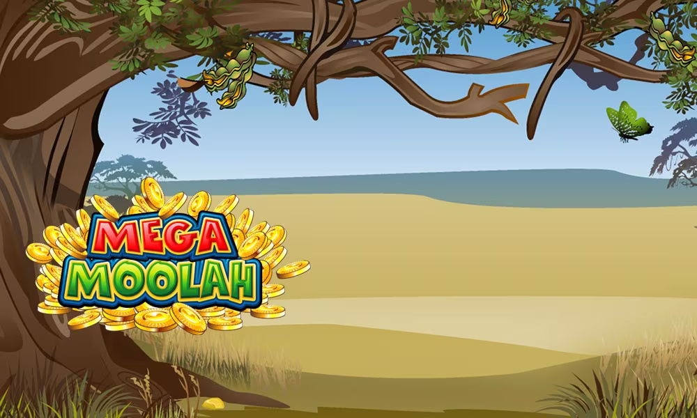 Mega Moolah background in the African landscape, with logo and coins