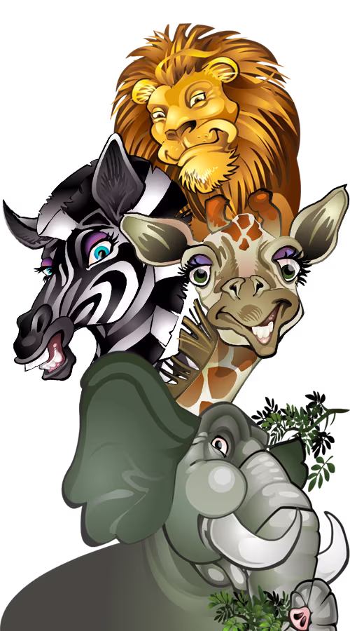 Mega Moolah lion, zebra, giraffe and elephant characters from the game