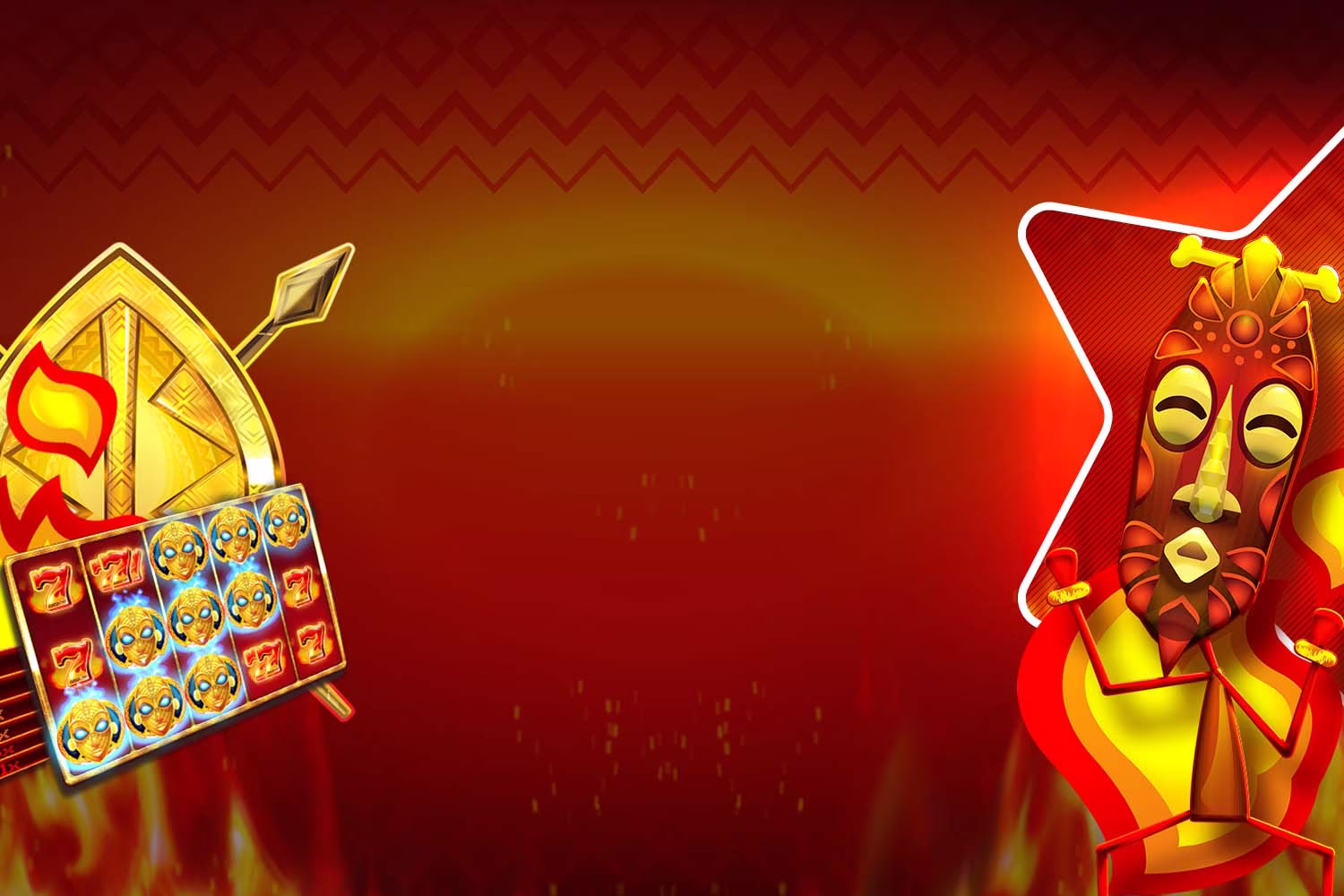 9 Masks of Fire™ Hero header image with masks and fire symbols of the game in colour orange and black