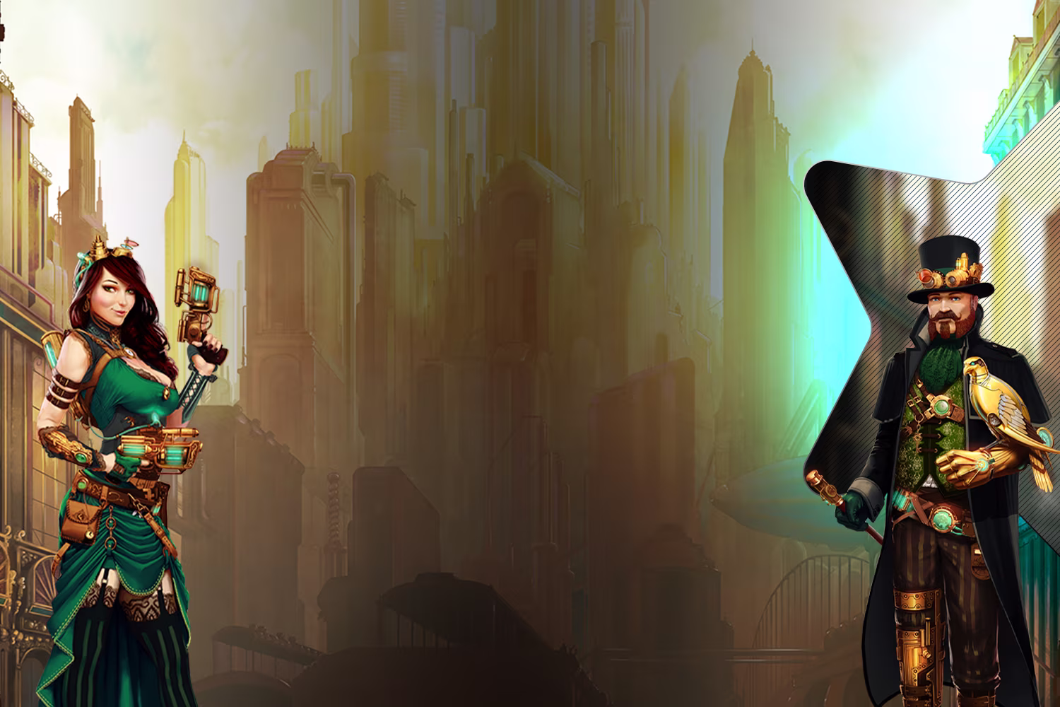 Spin Casino - Progressive Jackpots Background hero image of Fortunium Gold Mega Moolah hero banner featuring the game logo, steampunk city backdrop and featured character artwork.