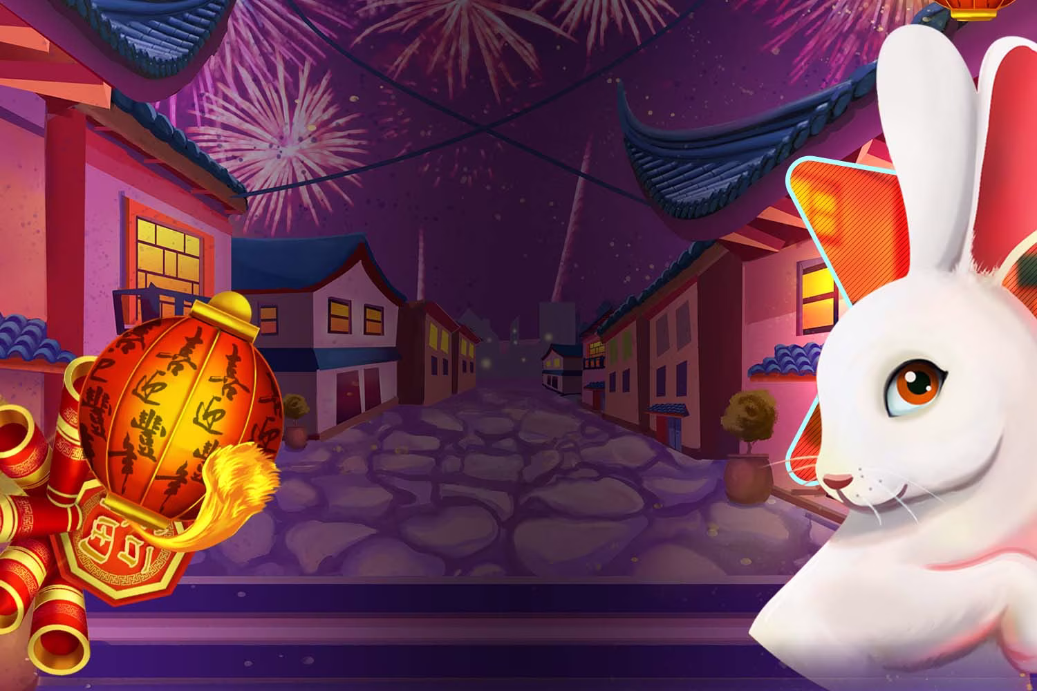 Header hero image of the Lucy Rabbit Fortunes game, with the white rabbit character and fireworks and shades of red and pink