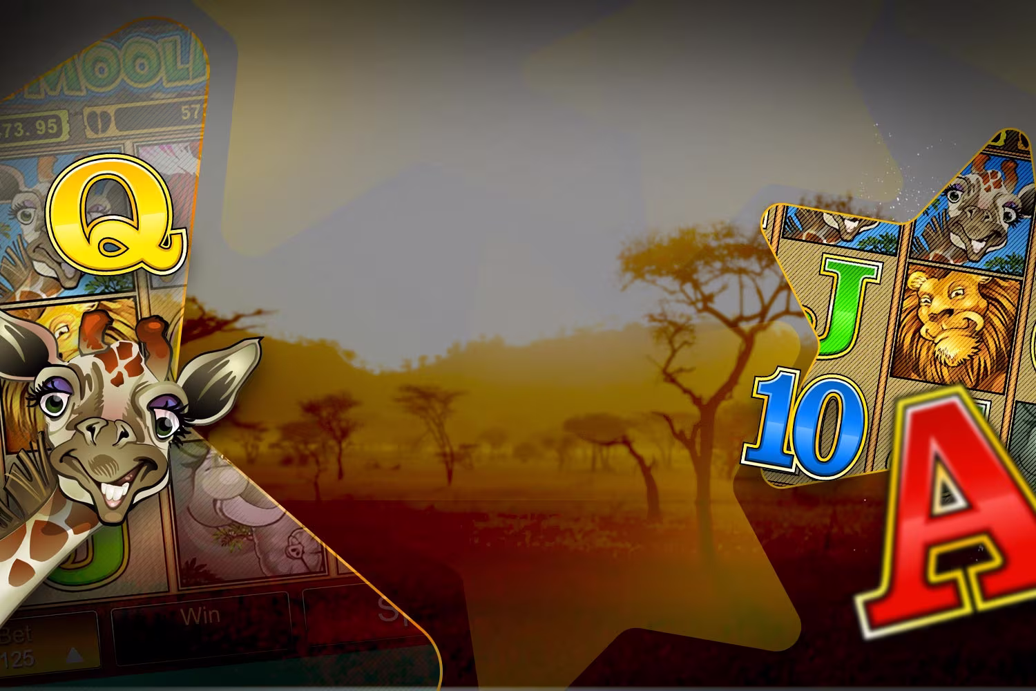 Hero background image of gaming characters zebra, giraffe and elephant over the african savanah backdrop them of the game.
