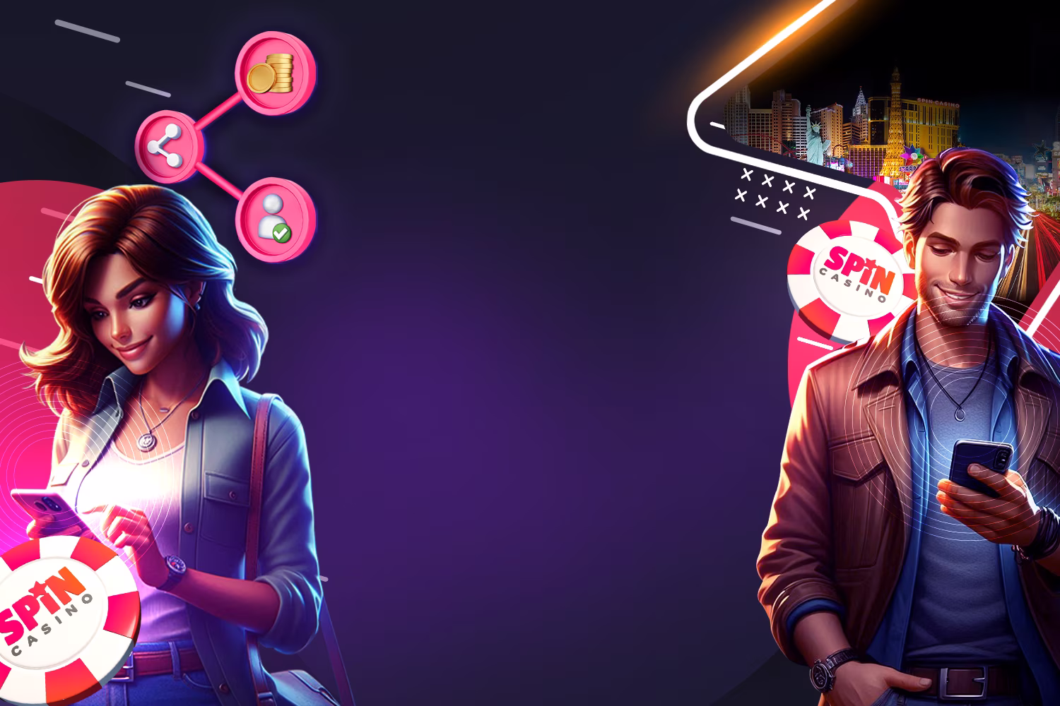 Colorful promotional graphic for Spin Casino Refer A Friend, featuring two illustrated characters holding smartphones, poker chips with the Spin Casino logo, and a vibrant background with neon elements and a city skyline.
