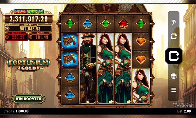 Fortunium Gold Mega Moolah base game screen featuring steampunk-themed symbols, stacked character symbols and progressive jackpot values.