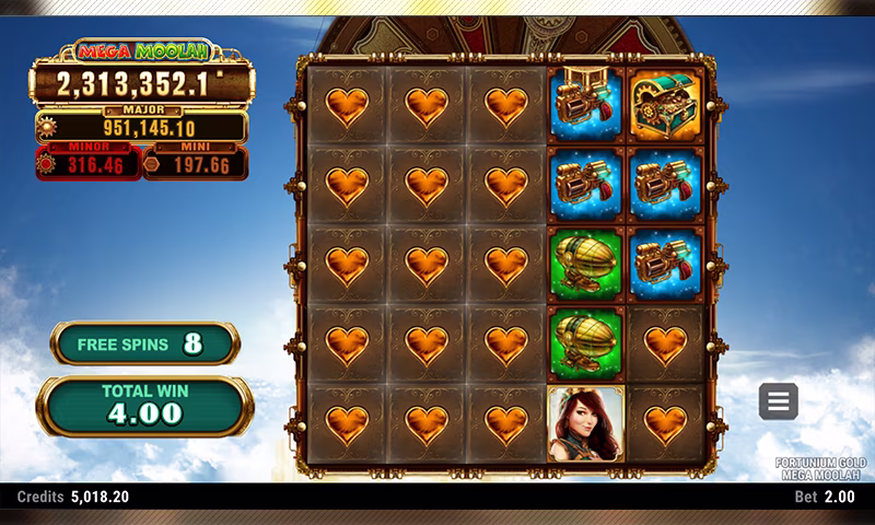 Fortunium Gold Mega Moolah free spins feature showing expanding heart symbols, bonus reels and total win meter.