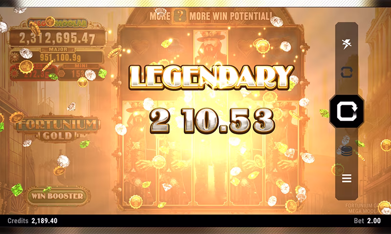 Legendary win screen in Fortunium Gold Mega Moolah displaying a large payout amount with coins and gems animation.