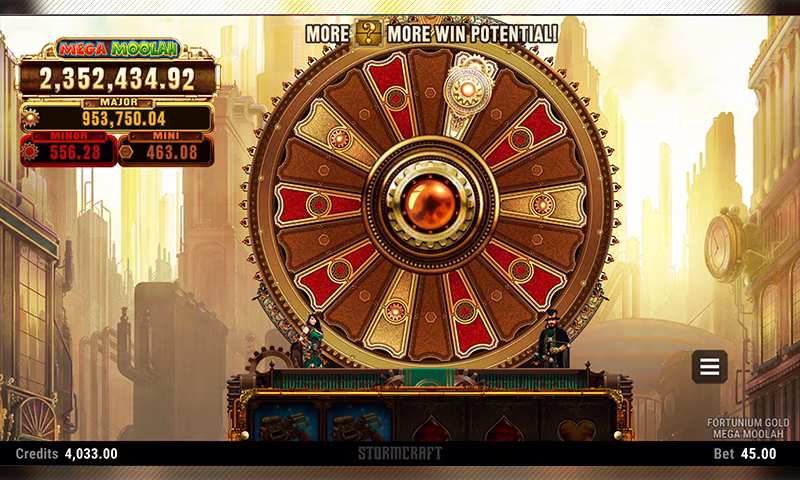 Stormcraft bonus wheel feature in Fortunium Gold Mega Moolah with a large steampunk prize wheel and jackpot display.