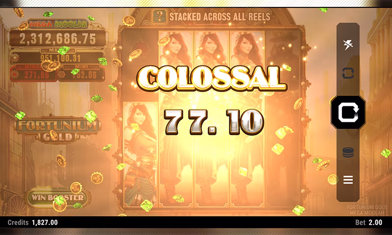 Colossal win screen in Fortunium Gold Mega Moolah featuring stacked character symbols and a large win amount.