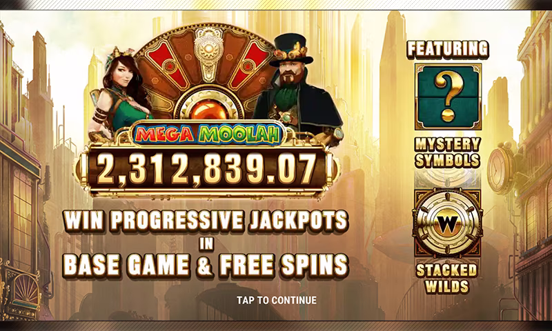 Fortunium Gold Mega Moolah information screen highlighting progressive jackpots, mystery symbols and stacked wild features.