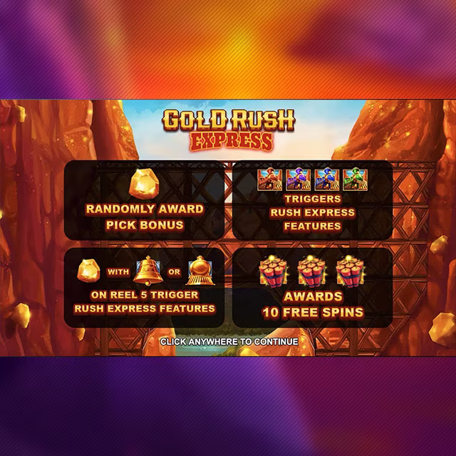 Gold Rush Express feature screen showing bonus symbols, pick bonuses and 10 free spins awards.