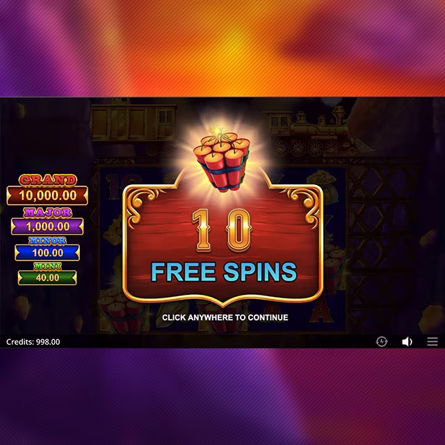 Gold Rush Express slot displaying a 10 Free Spins award screen with dynamite symbols.