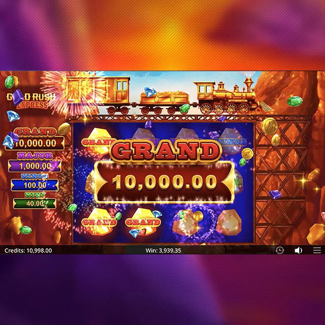Gold Rush Express slot displaying a Grand jackpot win worth 10,000.00 with celebratory effects.