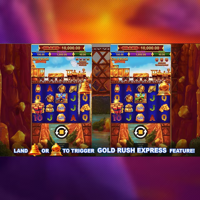 Gold Rush Express slot displayed in mobile view with reels, jackpots and bonus symbols.