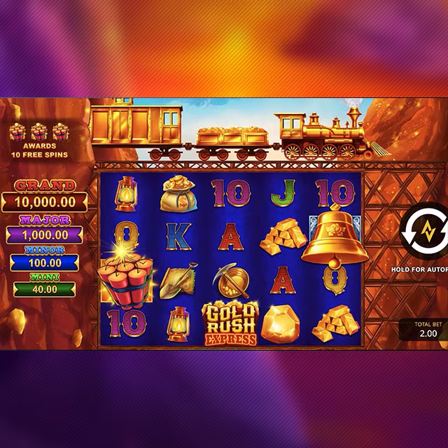 Gold Rush Express slot reels featuring mining-themed symbols, jackpots and bonus-triggering icons.