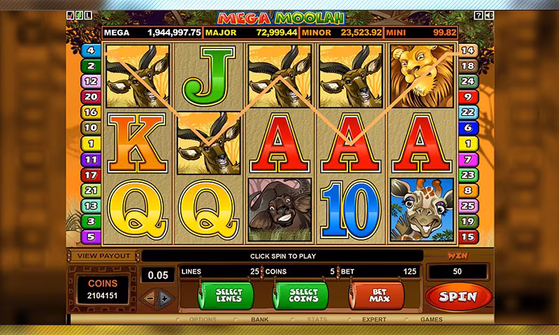 In-play screen screenshot of the slot game Mega Moolah