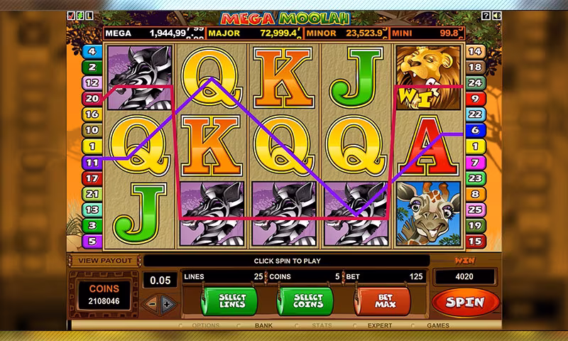 Select Lines and Coins screenshot of the game, showing the reels and lines