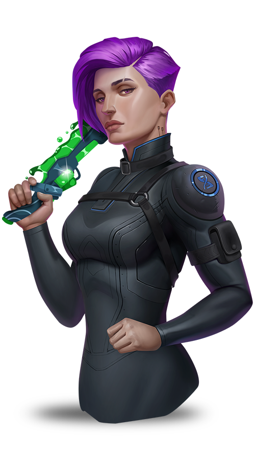 Woman with purple hair and futuristic weapon