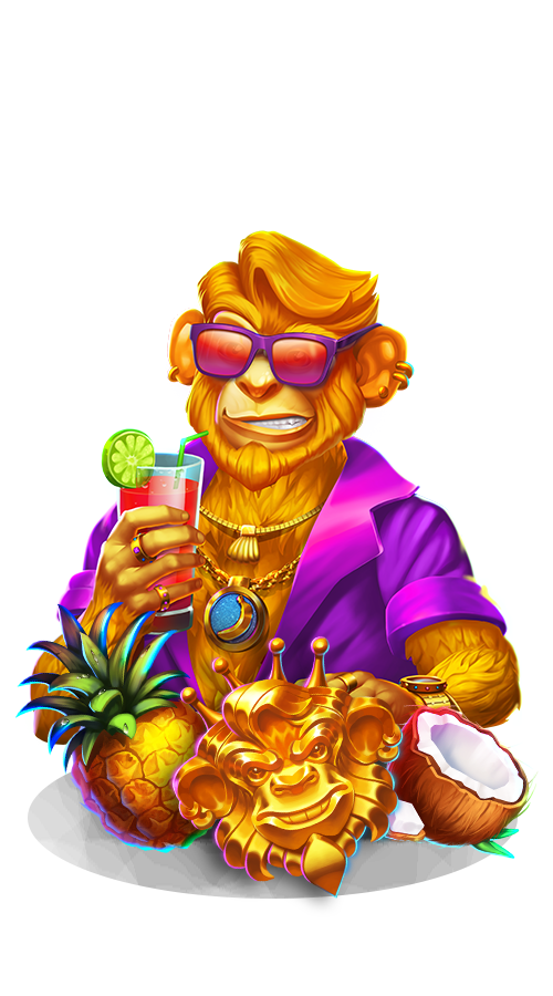 Gorilla in purple shirt holding cocktail
