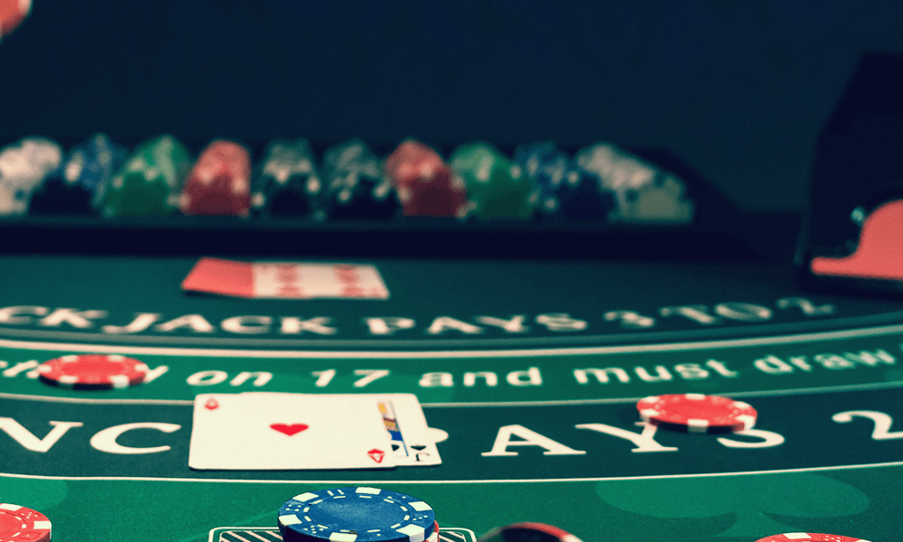 Cards and casino chips on casino table