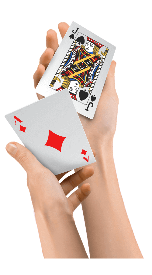 Two female hands holding an Ace and a Jack.