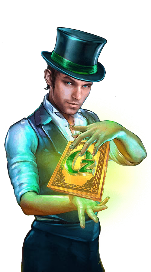 Man with top hat and gold Oz book