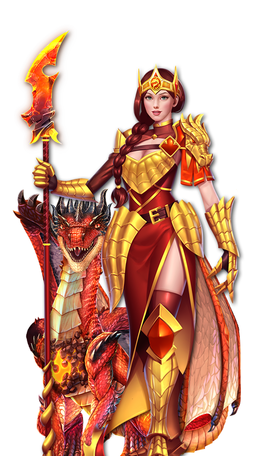 Dragon Queen in red and gold outfit standing next to red dragon