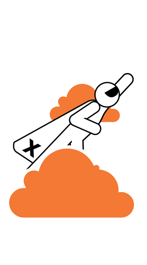 Superhero flying through orange clouds