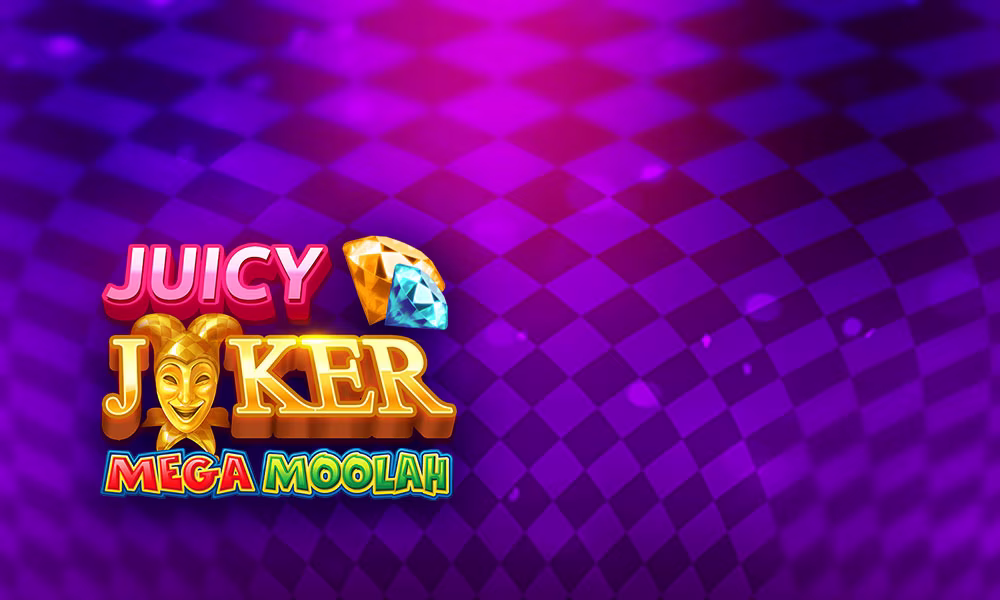 Juicy Joker Mega Moolah Progressive Jackpots logo and purple background