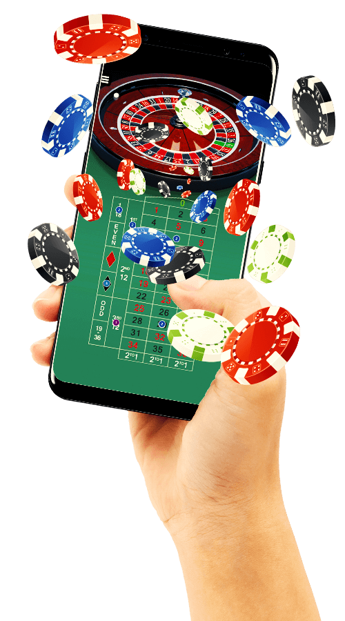 Hand holding smartphone with casino characters & jewels