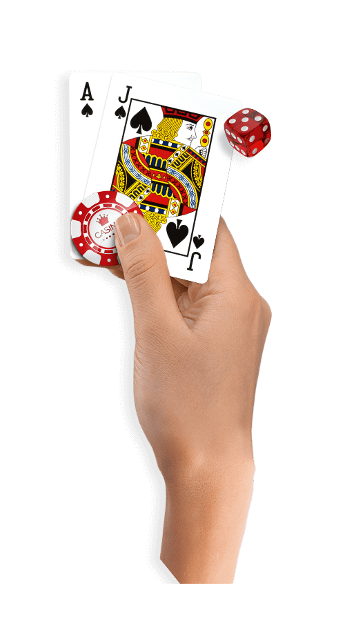 Hand holding ace and jack of spades with one casino chip and dice