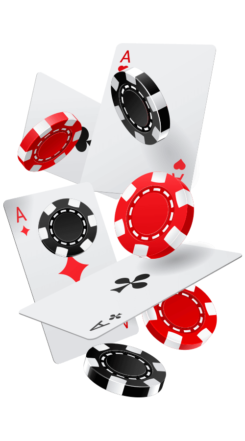 Four falling ace cards with five casino chips