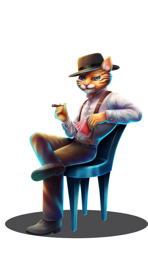 Cat in suit and hat holding cards and cigar