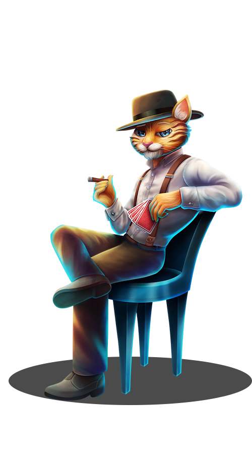 Gato con traje y sombrero con cartas y cigarro
