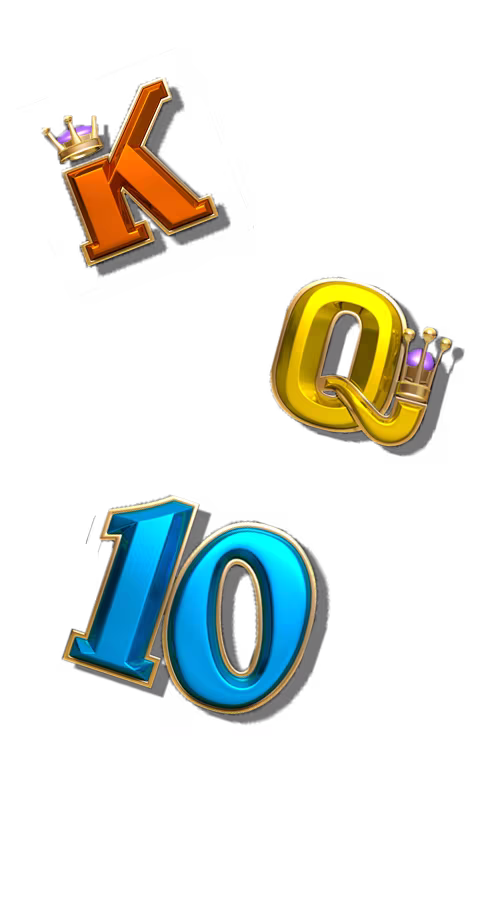 Colorful 3D symbols showing a crowned orange K, crowned gold Q, and blue 10
