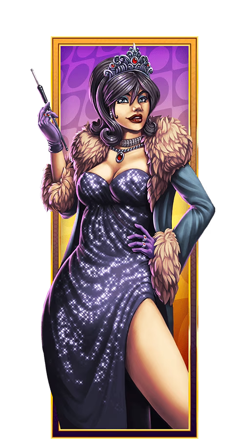 Woman in a sparkling dress with a crown, coat, and cigarette