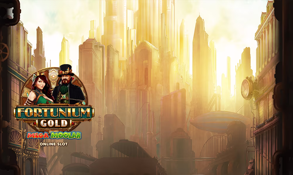 Fortunium Gold Mega Moolah pokie game banner.