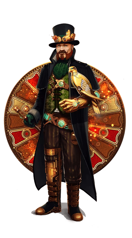 Progressive Jackpots pokies game Fortunium Gold Mega Moolah steampunk character and mechanical wheel.