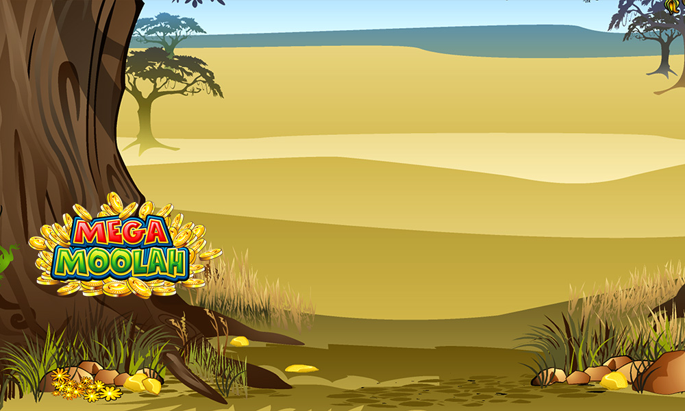 Arrière-plan de Mega Moolah dans le paysage africain, avec le logo et les pièces.