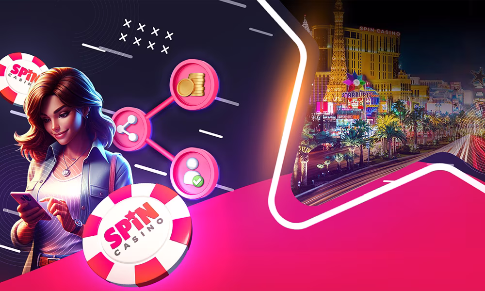 Casino-themed graphic showing a person using a smartphone, surrounded by poker chips labeled ‘Spin Casino’ and icons for coins and social connections, with a neon-lit cityscape in the background.