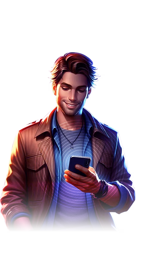 Stylized illustration of a person in a brown jacket holding a smartphone, with glowing ripple effects around the device.