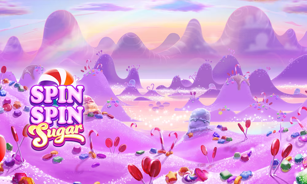 Spin Spin Sugar logo in a purple candy landscape