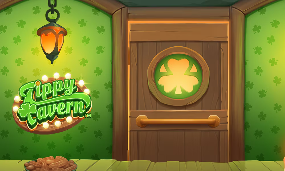Tippy Tavern™ logo with wood door and green inside tavern background