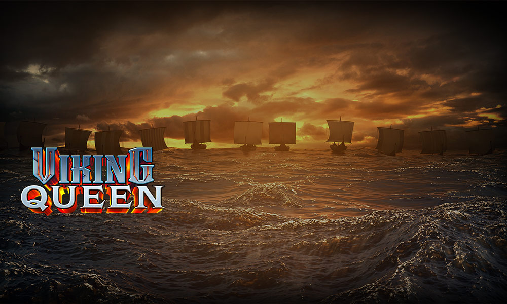 Viking Queen logotipo y barcos en el océano tormentoso
