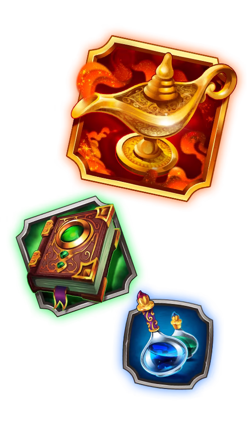 Wheel of Wishes potion, book and lamp symbols