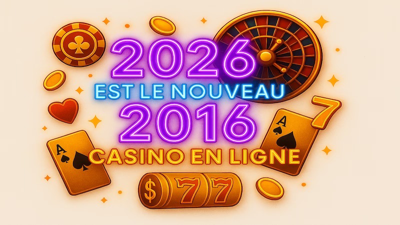  2026 est la nouvelle bannière de 2016 avec des éléments de casino en néon sur fond noir