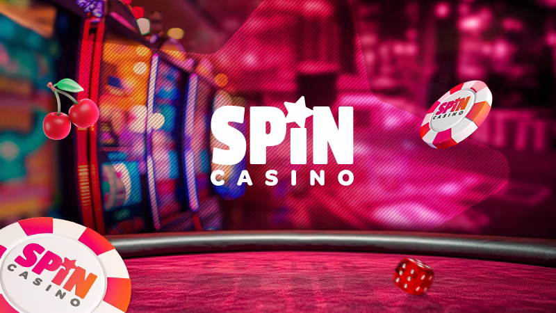 Image of Spin Casino logo with symbols of cherries, star, slots and table games.