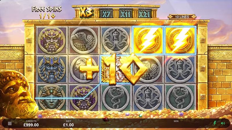 Ancient Fortunes: Zeus in game free spins feature screen