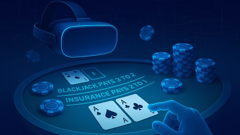 Virtual reality blackjack table with floating poker chips, VR headset, and player reaching for cards, illustrating the future of online casino gaming.